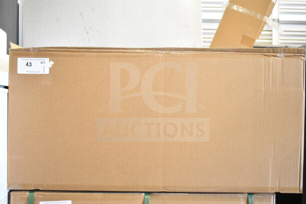 Cardboard box labeled "43 QTY" containing a brand new KoolMore Dry Display Case Merchandiser, scratch and dent condition.