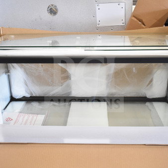 Brand new KoolMore dry display case merchandiser, glass construction, minor scratches, shown in original packaging.
