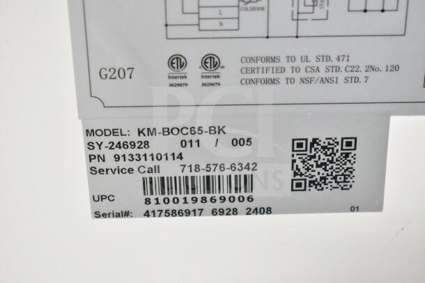 KoolMore KM-BOC65-BK 65 in. commercial bottle cooler label; ETL listed, model KM-BOC65-BK, service call number 718-576-6342.