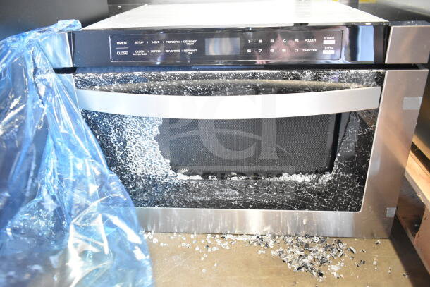 KoolMore Commercial Countertop Drawer Microwave Oven with broken glass panel, visible controls; brand new scratch and dent condition.