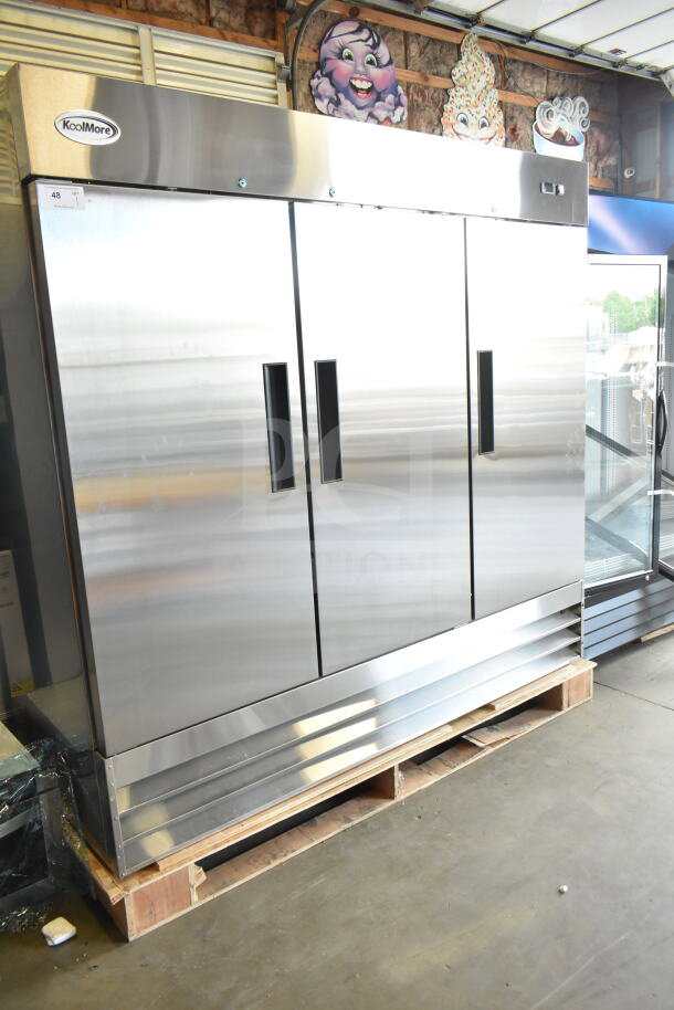 Brand new KoolMore RIR-3D-SS 80" refrigerator, 72 cu ft, three-section, 115V, 1 phase, stainless steel, on pallet.