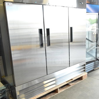 Brand new KoolMore RIR-3D-SS 80" refrigerator, 72 cu ft, three-section, 115V, 1 phase, stainless steel, on pallet.