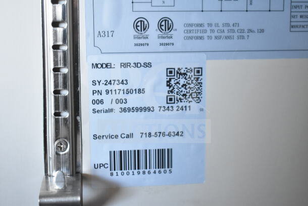 2024 KoolMore RIR-3D-SS refrigerator label showing model, serial number, UPC, and service call details.