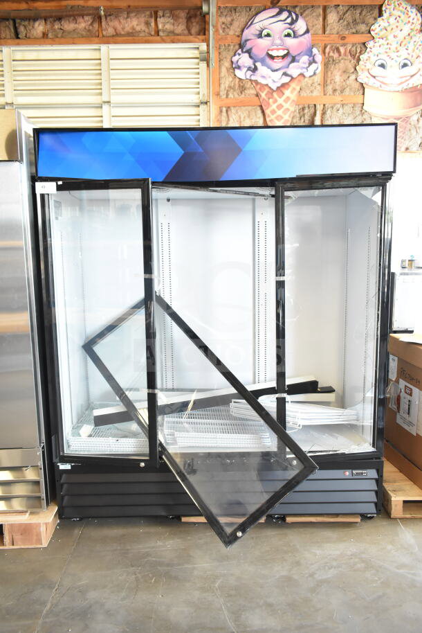 KoolMore Commercial 3 Door Reach In Cooler, new, with visible broken glass on doors, scratch and dent model.