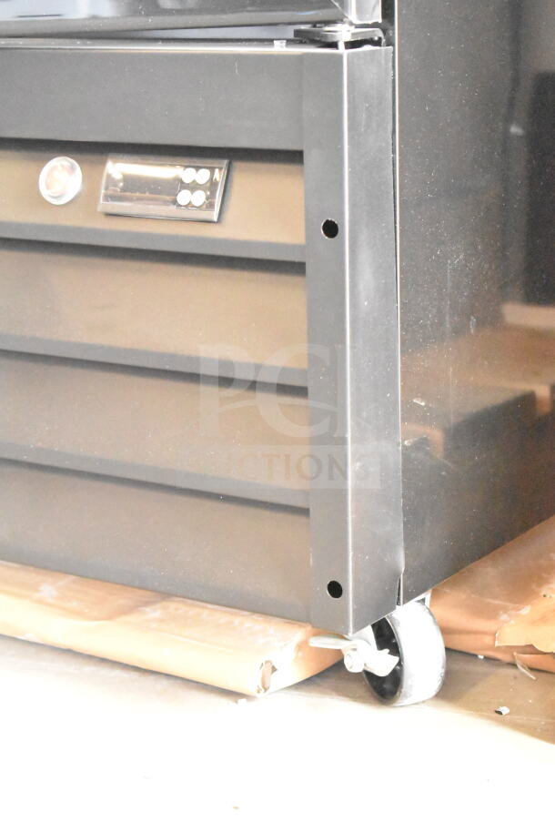 KoolMore Commercial 3 Door Reach-In Cooler, brand new, with visible scratches and dents; check for broken glass and doors.
