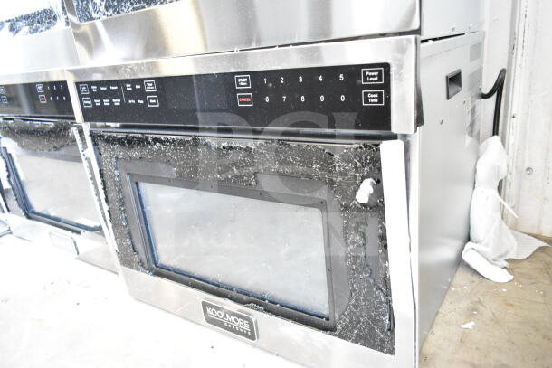 KoolMore drawer microwave oven, brand new, with visible glass damage, 120 volts, 1 phase, control panel intact.