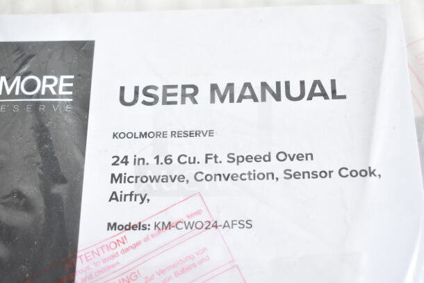 User manual for KoolMore KM-CWO24-AFSS, a 24 in. 1.6 cu. ft. built-in microwave convection oven, includes air fry, sensor cook.
