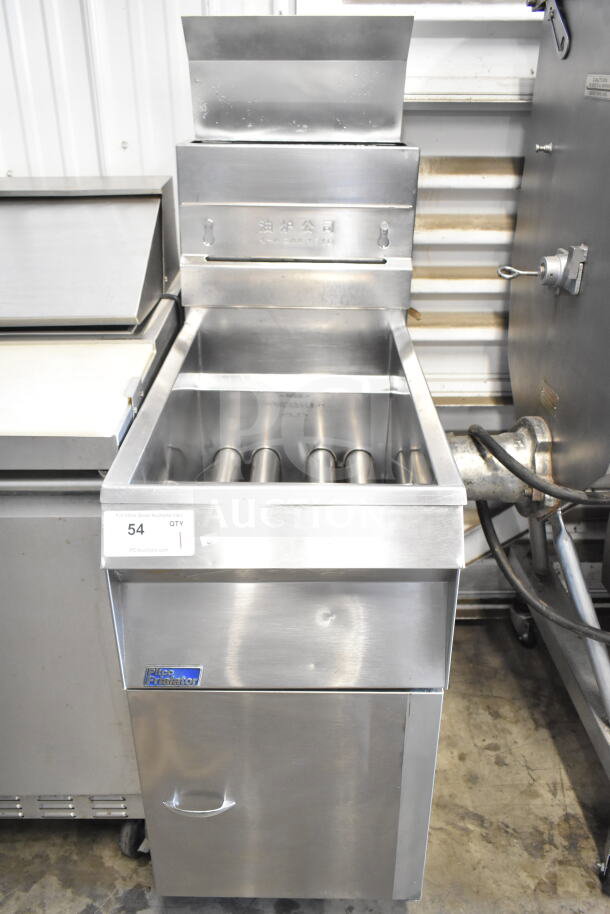 Pitco Frialator gas-powered deep fat fryer, commercial floor model, stainless steel, excellent condition, visible brand logo.