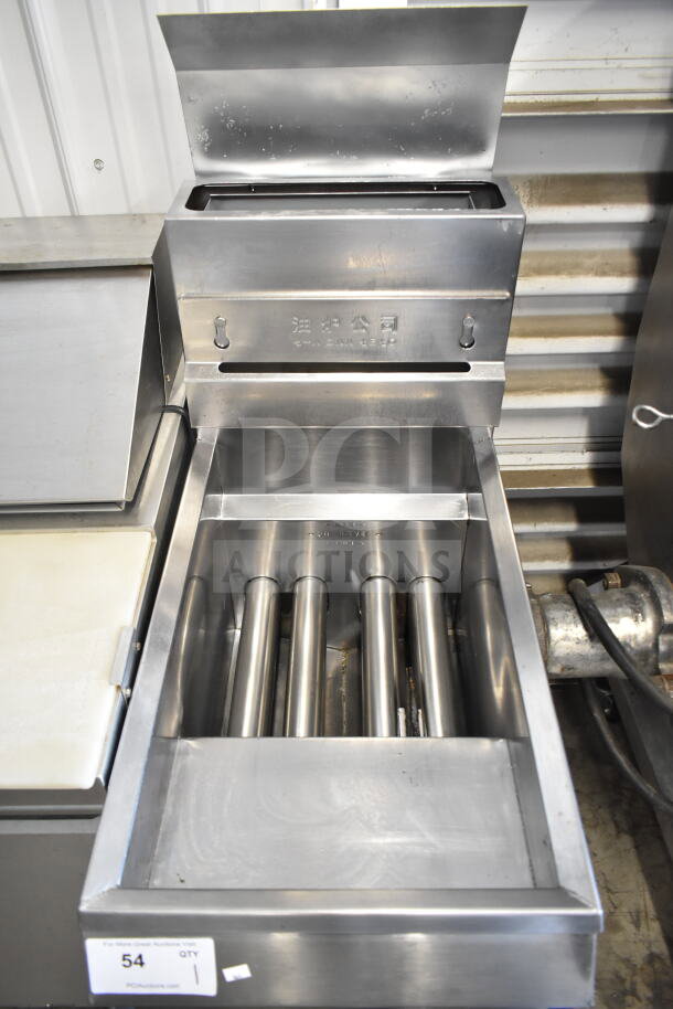 Pitco Frialator commercial gas fryer, floor style, stainless steel, open lid view, excellent condition.