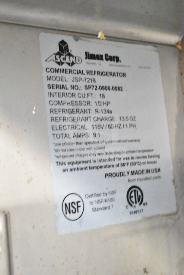 Ascend JSP-7218 prep table label details: 115V, 1 Phase, 1/2 HP compressor, R-134a refrigerant, NSF certified.