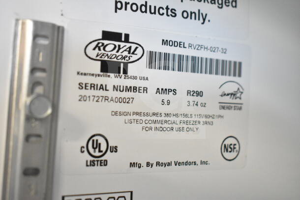 Label on 2017 Royal RVZFH-027-32 Commercial Freezer. Features serial number, amps, R290, UL and NSF listed.