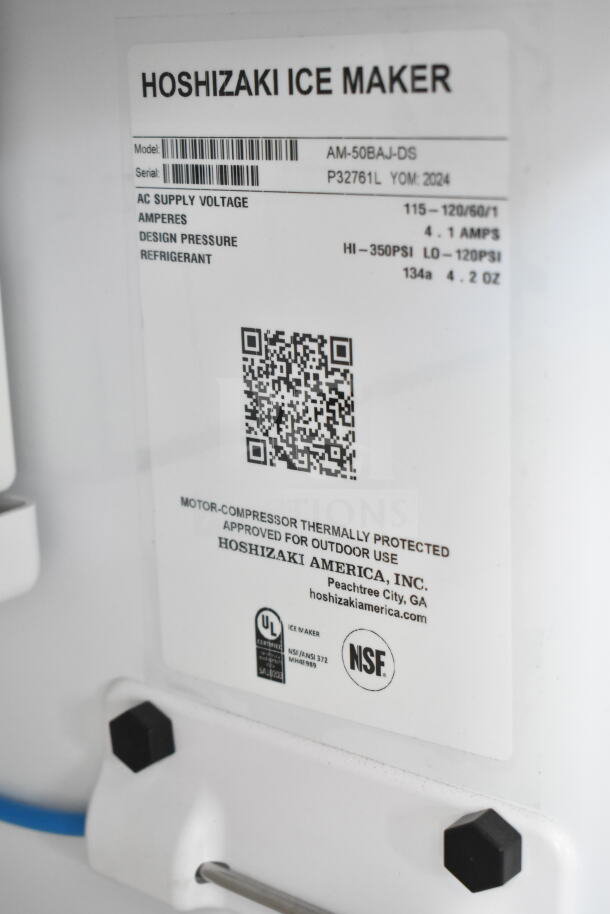 2024 Hoshizaki AM-50BAJ-DS icemaker label showing model, serial number, voltage (115-120V), and certifications.