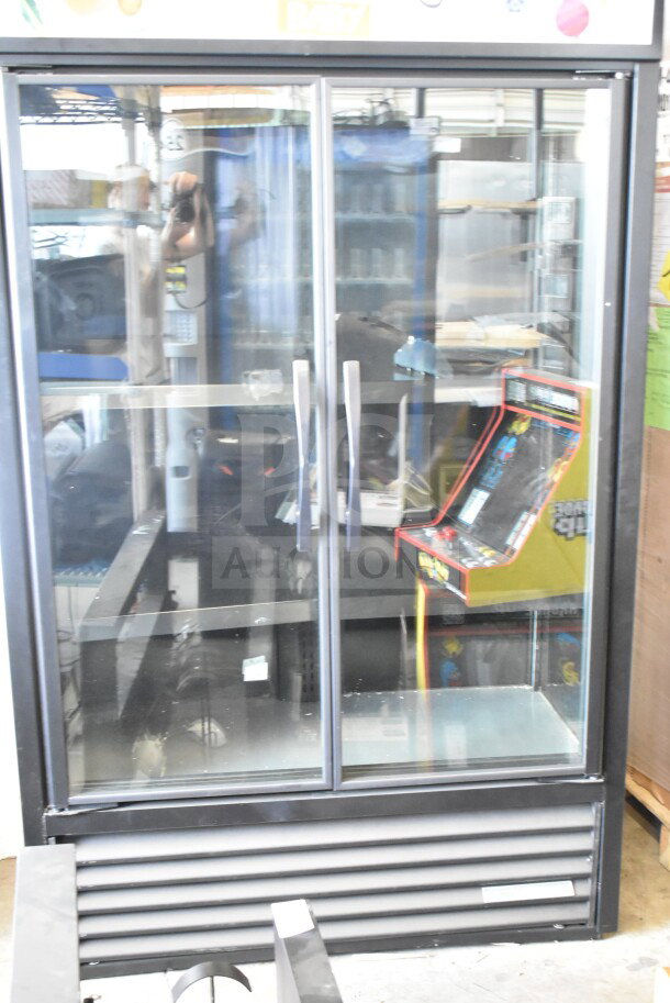 2025 True TVM-48SL-HC commercial 2 Door Reach In Cooler Merchandiser, 115V, 1 Phase, glass doors, black frame.