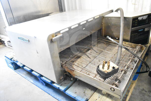 Turbochef Commercial Conveyor Rapid Cook Oven, electric, 208/240V, stainless steel, visible wear, plug attached.