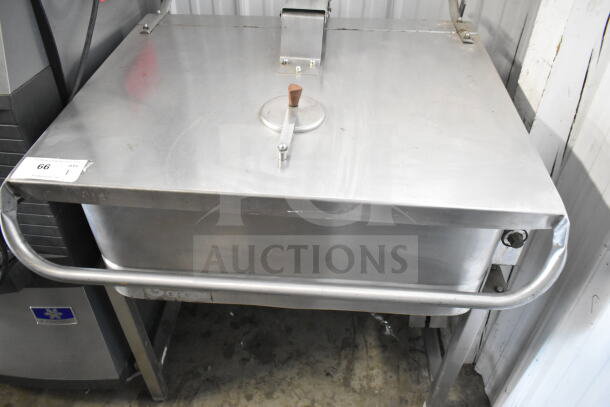 Groen Commercial Braising Skillet, floor style, stainless steel, with lid and wooden handle, good condition, model marked.