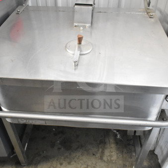 Groen Commercial Braising Skillet, floor style, stainless steel, with lid and wooden handle, good condition, model marked.