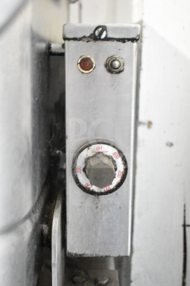 Groen Commercial Floor Style Braising Skillet control panel with temperature dial and indicator lights. Signs of wear visible.
