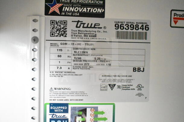2019 True GDM-72-HC Commercial 3 Door Cooler label, 115V, 1 Phase, refrigerant R290, serial number 9639846.
