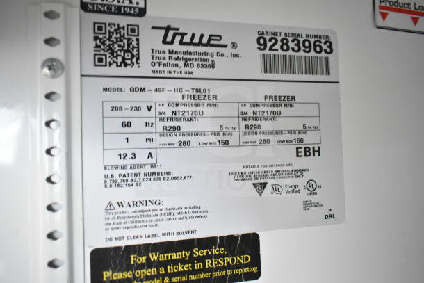 "Label on 2018 True GDM-49F-HC Freezer Merchandiser, showing model details, voltage (115/208-230), and refrigerant info (R290)."
