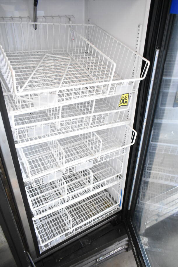 2019 True GDM-12F-HC commercial single door reach-in freezer merchandiser, white interior with wire shelves, 115V, 1-phase.