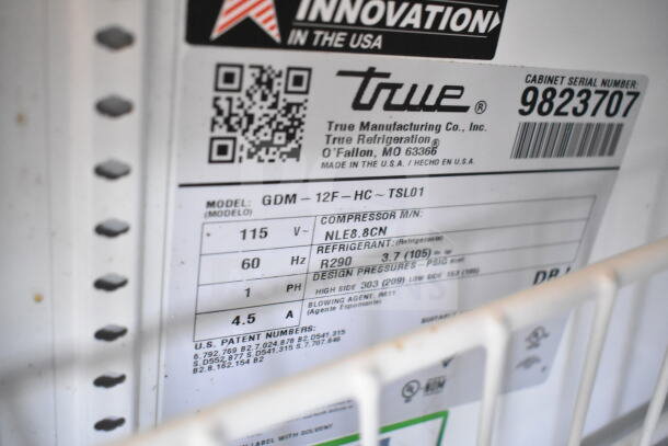 2019 True GDM-12F-HC Commercial Freezer, single door, 115V, model info and serial number label visible.