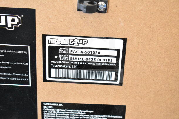 Arcade1up PAC-A-501030 label, showcasing model and serial number BUUZL-0425-000183, made in China by Tastemakers, LLC.