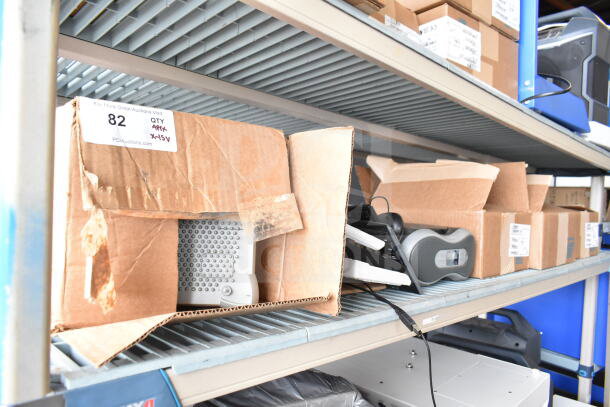 Shelves with 15 items including Sensomatic AMB-9010-IPS, keyboards, Sensormatic ZBSMPCPEF, in boxes, lightly worn.