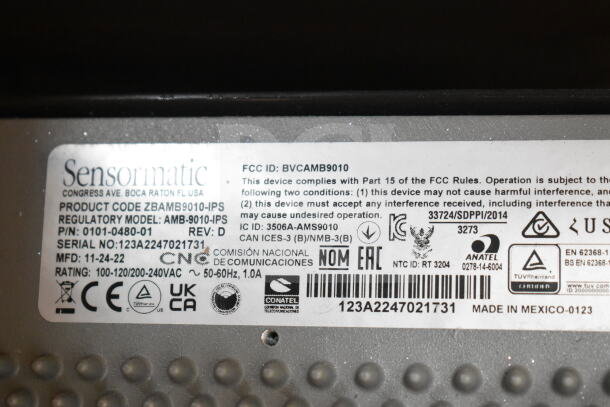 Sensormatic AMB-9010-IPS label, product code ZBAMB9010-IPS, serial 123A2247021731, made in Mexico-0123.