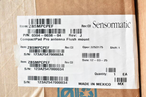 Label for Sensormatic ZBSMPCPEF CompactPad Pro, Flush mount, P/N 0304-0038-04, S/N 123A2547000034, made in Mexico.