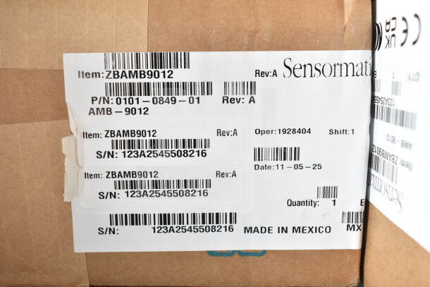 Sensormatic ZBAMB9012 label showing item details, including part number 0101-0849-01, serial number 123A2545508216, and made in Mexico.