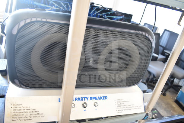Onn Large Party Speaker display with Bluetooth, 640W peak power, 12-hour playtime, LED effects, and water-resistant design.