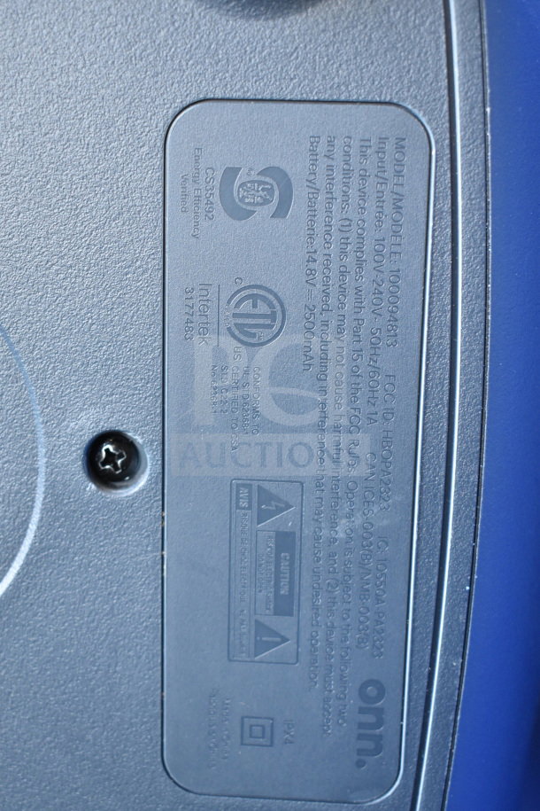 Onn Large Party Speaker label with model T00904813, FCC ID HBQPA2323, and battery 14.8V, 2500mAh.