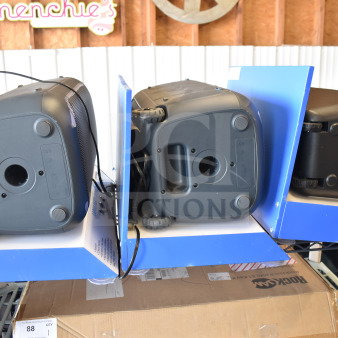 Onn large party speaker store display set, three speakers visible, excellent condition, includes original packaging.