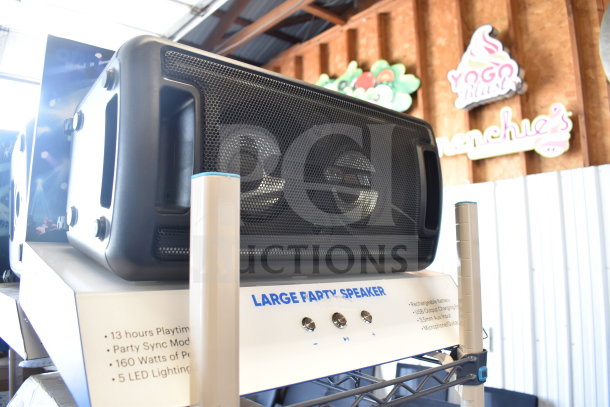 Onn Large Party Speaker display with features: 13-hour playtime, Party Sync Mode, 160W power, 5 LED lights.