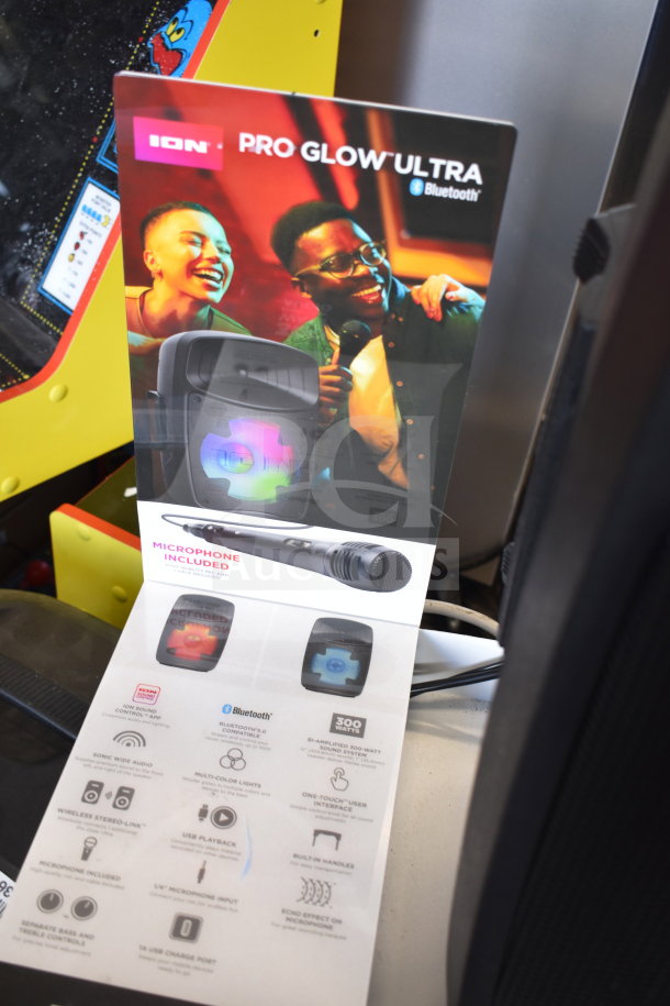 Ion Pro Glow Ultra Speaker display with Bluetooth connectivity, microphone included, 300-watt sound, multicolor lights.