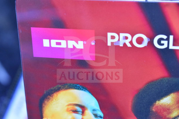 Ion Pro Glow Ultra Speaker display; red background with Ion logo. Buffered edges; vibrant, modern style.