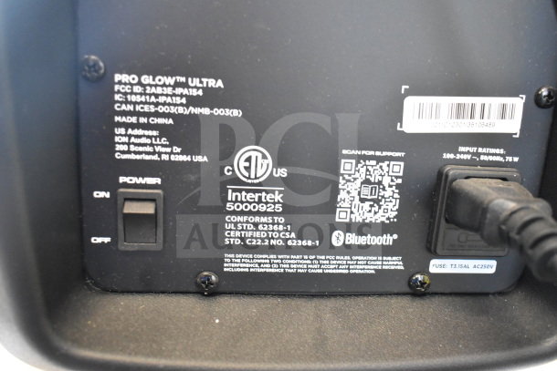 Ion Pro Glow Ultra speaker with power switch, barcode, and certification labels. Bluetooth enabled, model details visible.