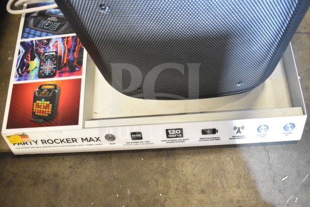 2 Store display with Rave+ and Ion speakers. Features 120-watt system, rechargeable battery, FM radio, and app control.