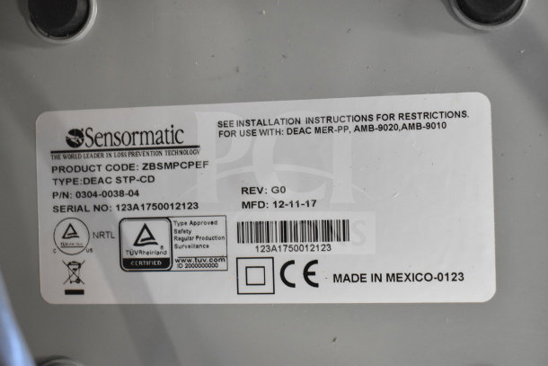 Sensormatic label with product code ZBSMPCPEF, type DEAC STP-CD, serial 123A1750012123, MFD 12-11-17. Made in Mexico.