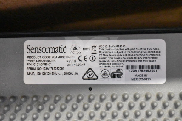 Label of Sensormatic AMB-9010-IPS, product code ZBAMB9010-IPS, with FCC compliance details and serial number 123A1752052091.