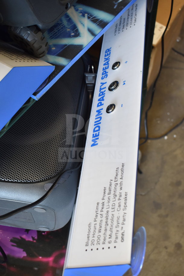 Onn Medium Party Speaker display, featuring Bluetooth, 20W peak power, 20 hours playtime, LED lighting, Party Sync.