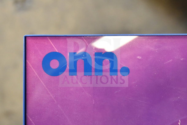 Onn Medium Party Speaker display with brand logo visible, vibrant purple and blue design, ideal for audio enthusiasts.