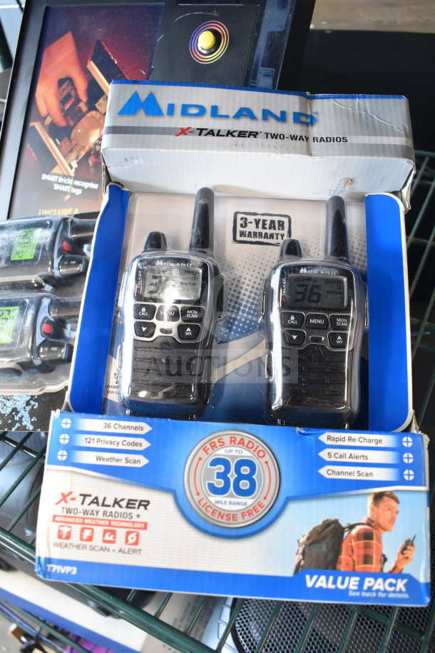Midland X-Talker two-way radios in box, 36 channels, 121 privacy codes, 38-mile range, 3-year warranty.