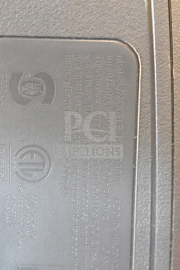 "Model 100094813 label, input 100V-240V, 50Hz/60Hz, with 14.8V 2500mAh battery information, FCC ID: HBOAX."