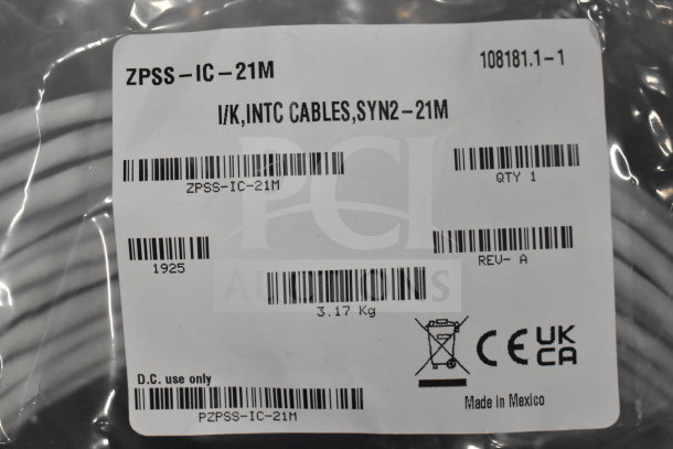"Packet labeled ZPSS-IC-21M for I/K, INTC Cables, SYN2-21M, 3.17 kg, Made in Mexico, CE and UKCA certified."