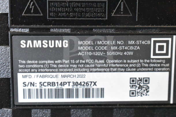 Samsung model MX-ST4CB speaker label showing compliance info, March 2022 manufacture, AC110-120V, 40W, S/N: 5CRB14PT304267X.
