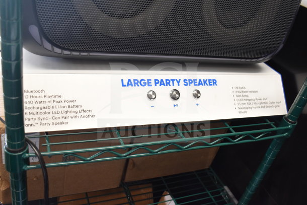 "Onn Large Party Speaker display with Bluetooth, 640W peak power, 12-hour playtime, LED effects, and water-resistant features."