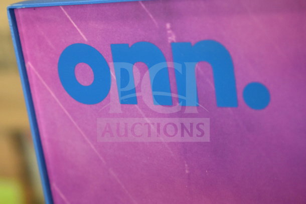 Onn Medium Party Speaker store display, vibrant purple and blue design, featuring the "onn." logo prominently.