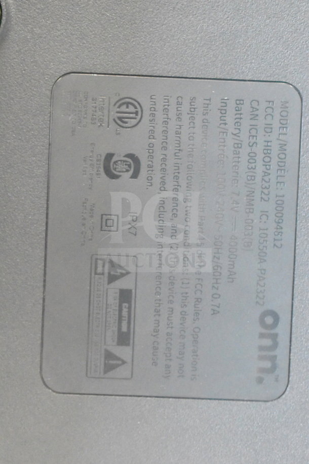 Onn medium party speaker tag, model 100094812, IPX7, 7.4V 4000mAh battery, 100-240V input.