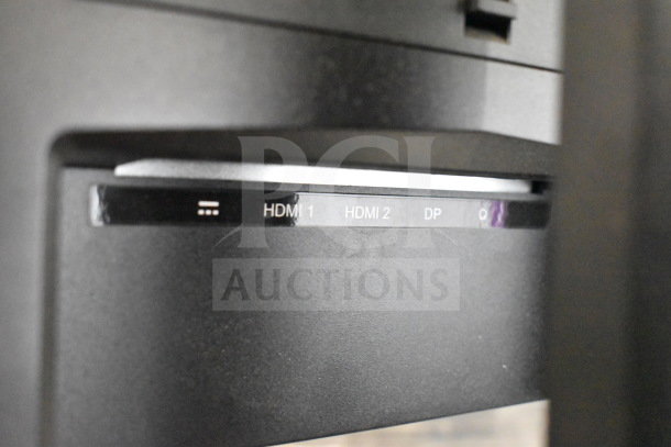 Close-up of a monitor's side showing HDMI and DP ports. Brands include Vizio, Onn, MSi, Samsung. 5 monitors total.